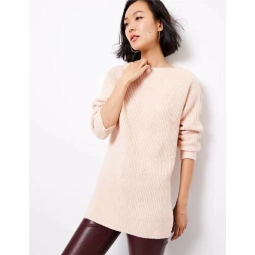 LOFT Light Pink Ribbed Boatneck Tunic Sweater Cozy Soft Knit